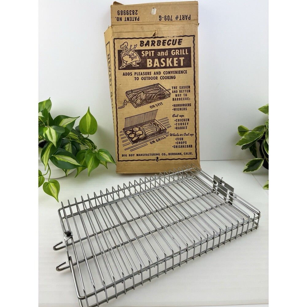 BBQ Stainless Steel Flat Spit Rotisserie Or Grill Basket for Any Grill Vtg W Box